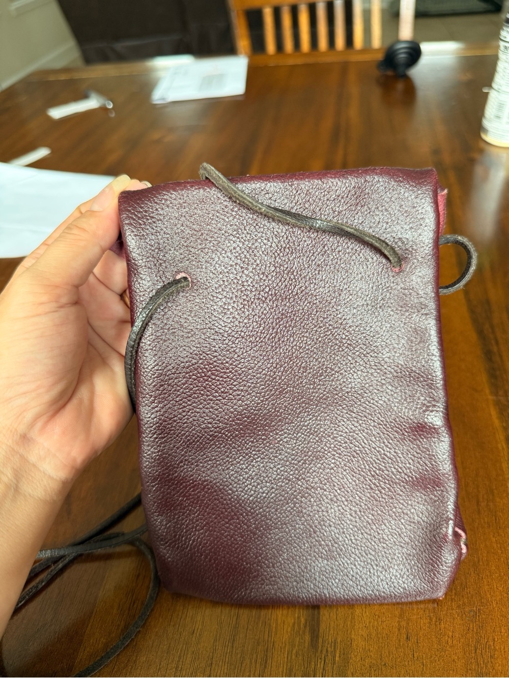 Burgundy Drawstring Leather Pouch - Picture 3 of 5
